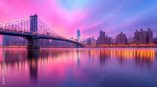 The Manhattan Bridge silhouetted against a vibrant sunset skyline in New York City.