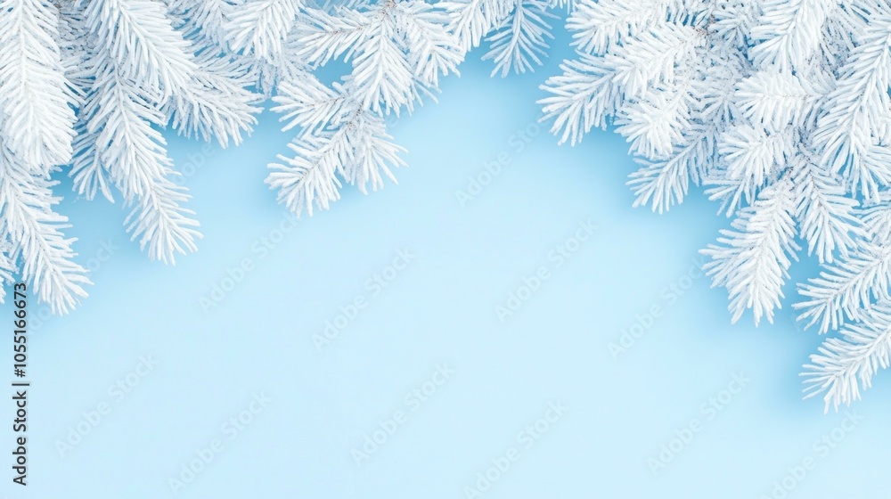 Snow-covered fir branches frame a serene winter scene against a vibrant blue background.