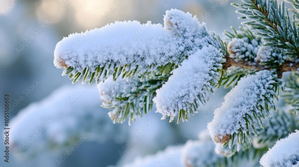 Close-up of snow-covered pine tree branch with delicate needles and soft winter lighting.