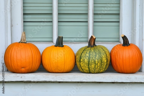 A row of vibrant orange pumpkins lined up on a rustic windowsill, capturing the essence of autumn. photo