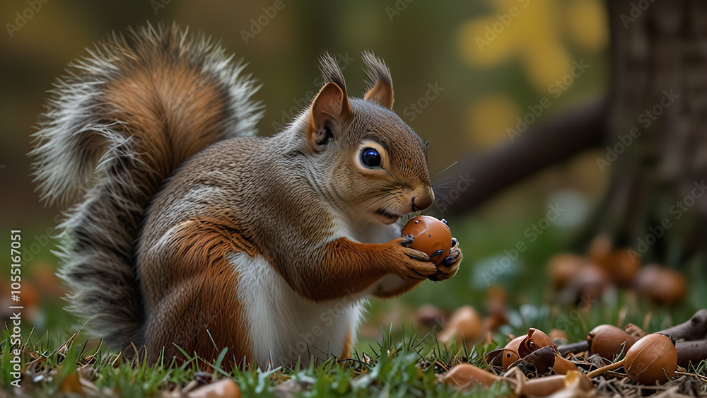 A curious squirrel gathering acorns. A curious squirrel gathering acorns.