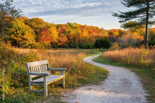 Wooden bench in a grassy field with a winding dirt path leading towards it under a clear blue sky.