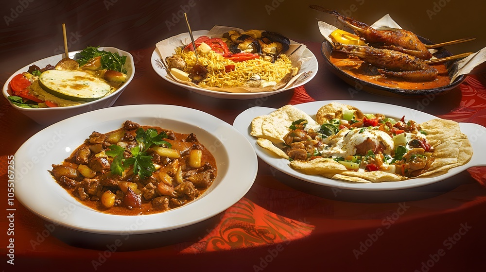 A vibrant display of diverse and flavorful international dishes on a richly colored tablecloth. A vibrant display of diverse and flavorful international dishes on a richly colored tablecloth.