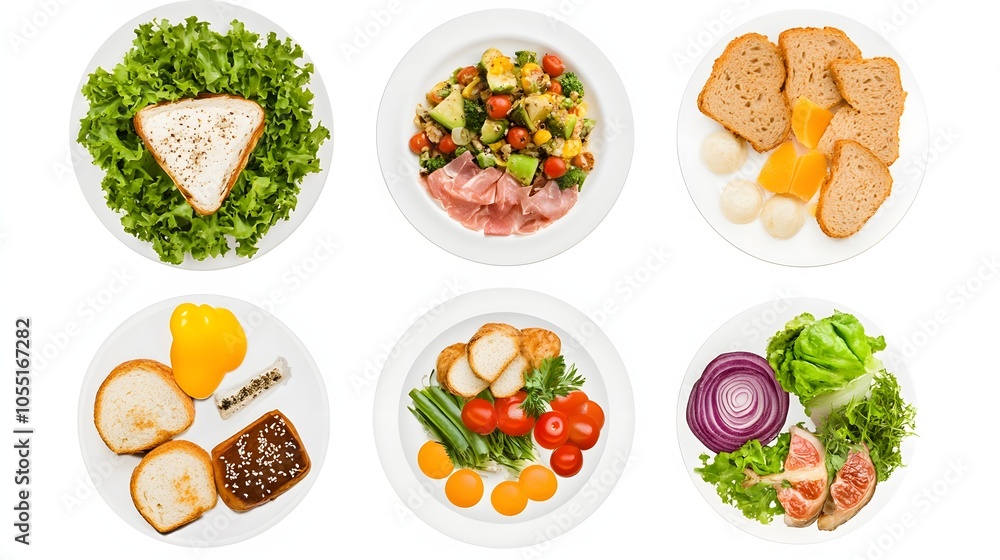 Variety of healthy salads and sandwiches arranged on white plates. Variety of healthy salads and sandwiches arranged on white plates.