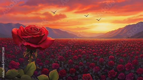 sunset view featuring a detailed close-up of a fully blossomed crimson red rose in the foreground, with an expansive field of magenta pink roses stretching towards the horizon. The sky glows 