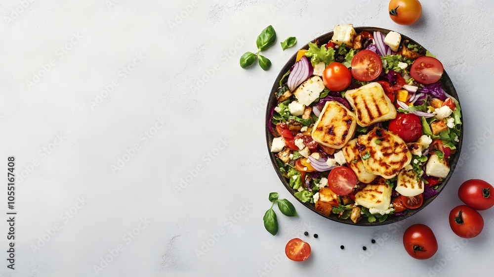 Fresh grilled halloumi salad with vibrant vegetables on a white background. Fresh grilled halloumi salad with vibrant vegetables on a white background.