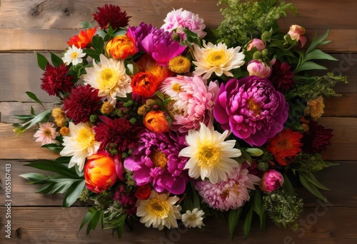 Wallpaper Mural vibrant flat lay arrangement featuring colorful fresh lush natural textures captured enthralling detail, bouquet, flowers, foliage, petals, greenery Torontodigital.ca