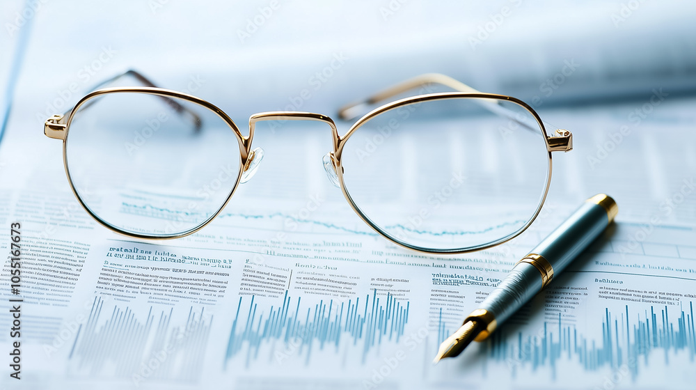 Stylish glasses and a polished pen rest on detailed financial analysis reports, showcasing important market data Stylish glasses and a polished pen rest on detailed financial analysis reports, showcasing important market data