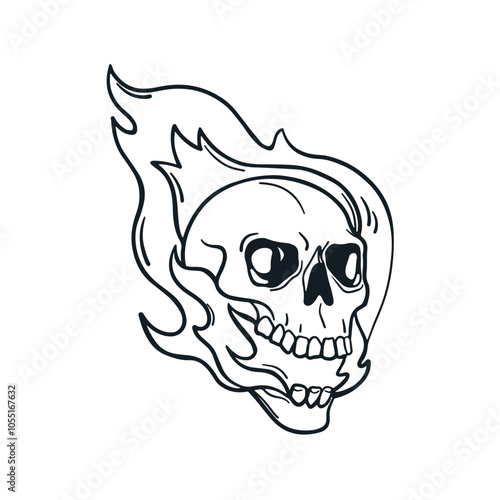 Burning skull with fire flames, ink drawing. Vintage skeleton, dead head bone...