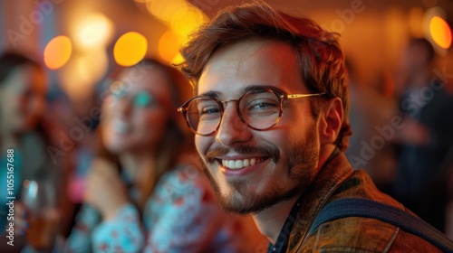 Happy young man smiling at a social gathering, with bright bokeh lights in background.