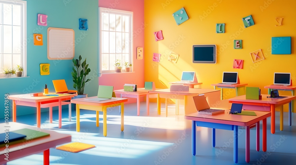A vibrant 3D rendered classroom with an array of colorful desks floating alphabet letters and innovative digital gadgets adorning each workspace A vibrant 3D rendered classroom with an array of colorful desks floating alphabet letters and innovative digital gadgets adorning each workspace