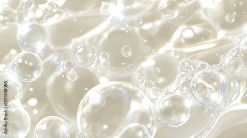 2410 26.A close-up vector illustration of clear hyaluronic acid bubbles, suspended in a translucent liquid. The bubbles vary in size and reflect light, creating a sense of purity and hydration,