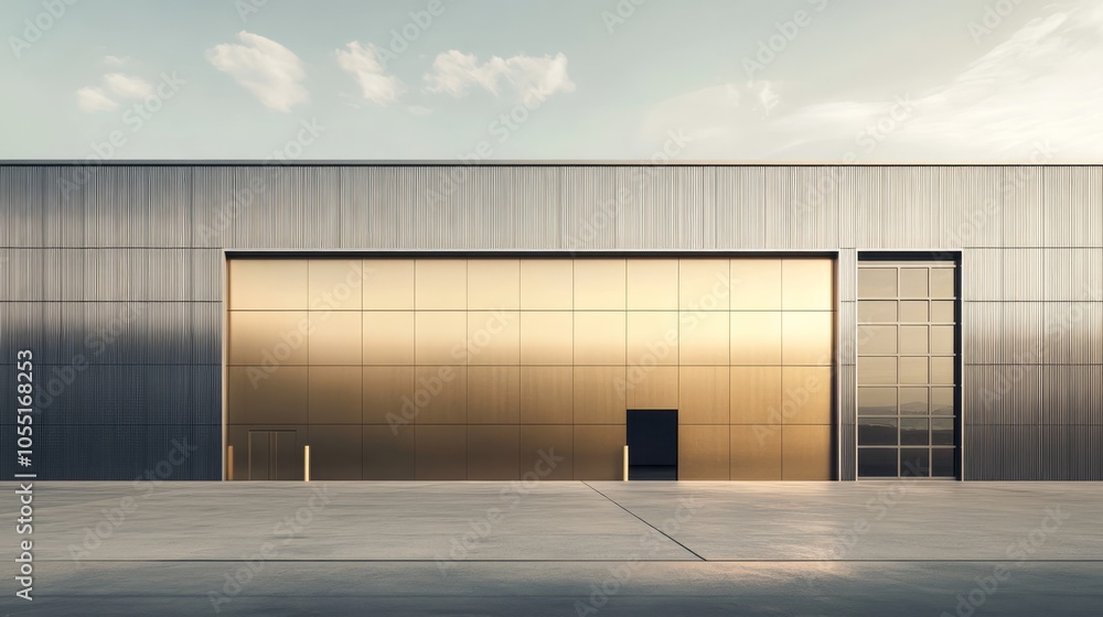 Side view of a minimalist industrial hangar warehouse with pure Brass walls and a sturdy silver metal frame. The design features clean lines and simple Side view of a minimalist industrial hangar warehouse with pure Brass walls and a sturdy silver metal frame. The design features clean lines and simple