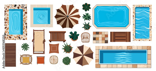 Top view of furniture icons for interior and landscape design plan. Sunbed, armchairs, table, plants, terrace, pool, patio, garden, porch zone. Vector illustrations isolated on transparent background.