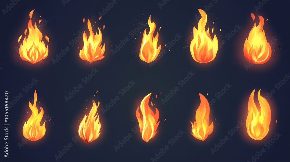 2410 111.A vector set of flame icons, each depicting a different type of fire, from small flickering flames to large roaring campfires. The flames are drawn with sharp, clean lines and gradient