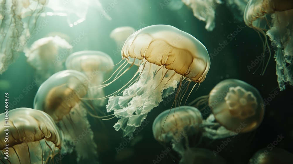 Close-Up of Bioluminescent Jellyfish Swimming in a Dark, Underwater Environment Close-Up of Bioluminescent Jellyfish Swimming in a Dark, Underwater Environment