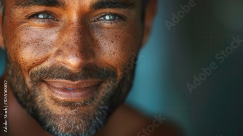 Portrait of a smiling man with freckles and blue eyes on a blurred background