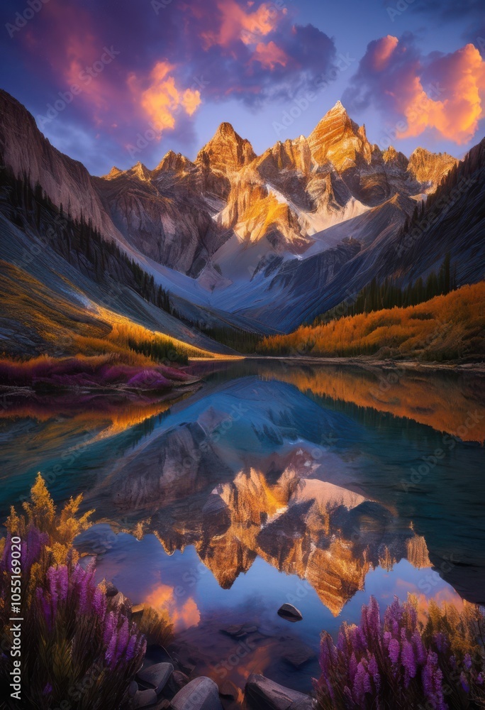 Obraz premium breathtaking dawn landscapes showcasing majestic peaks illuminated morning light stunning color palettes heavenly cloud formations, beauty, mountain, sky