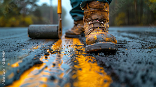 Workers Applying Asphalt Sealant with Roller and Boots photo