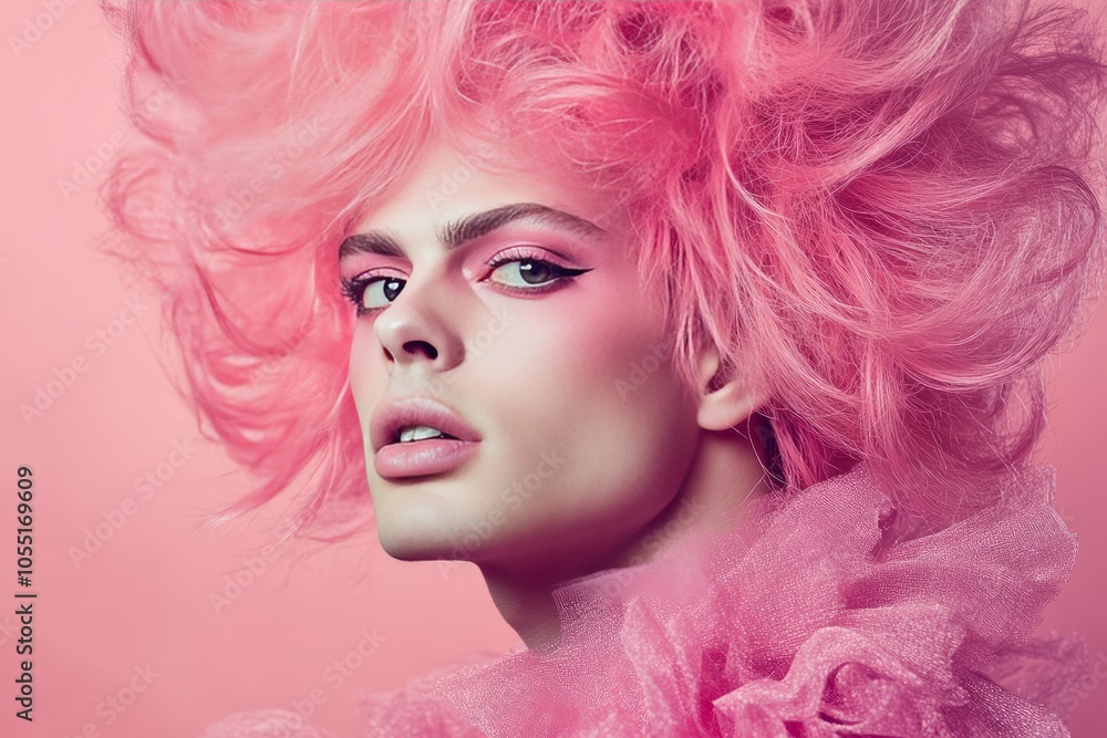 a androgynous male wearing female makeup with pink dominating the color and having a bouffant hairstyle , with elegant dress a androgynous male wearing female makeup with pink dominating the color and having a bouffant hairstyle , with elegant dress