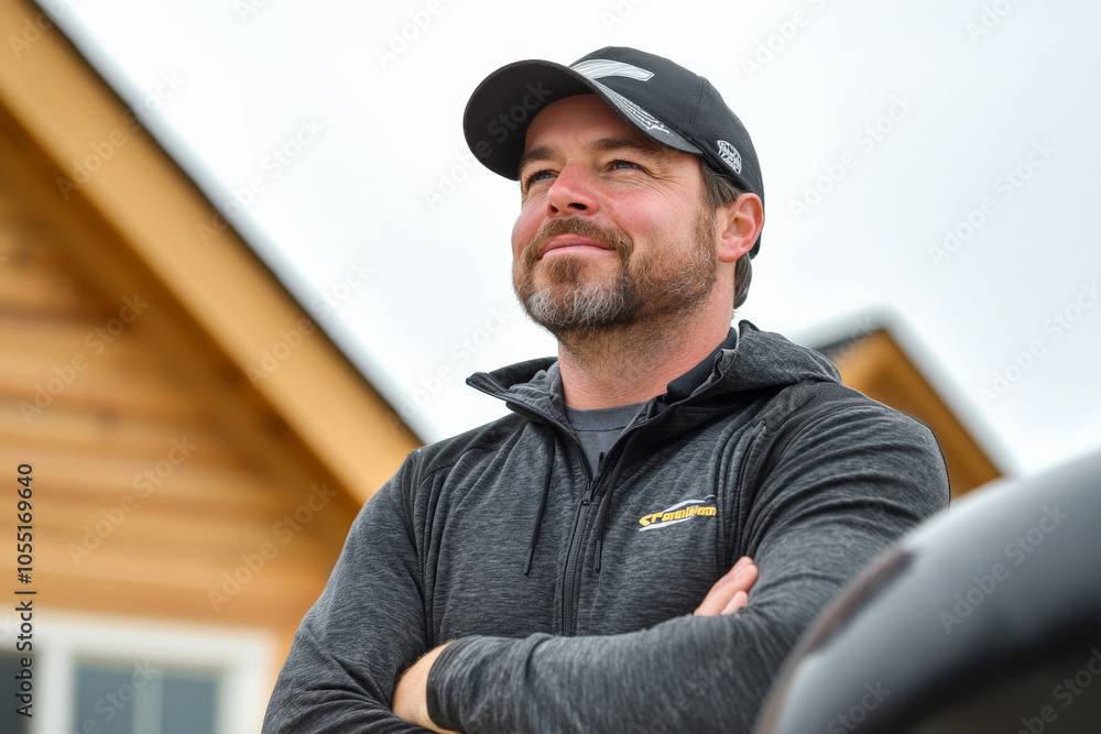 Confident man in black cap and gray jacket stands with arms crossed, showcasing relaxed demeanor near wooden house, reflecting sense of pride and assurance Confident man in black cap and gray jacket stands with arms crossed, showcasing relaxed demeanor near wooden house, reflecting sense of pride and assurance
