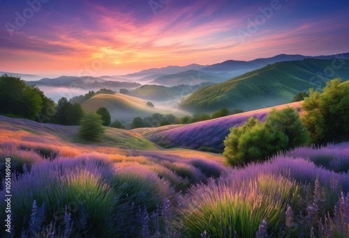 stunning vibrant sunrise illuminates misty rolling hills ethereal light soft colors, ascent, altitude, backdrop, beauty, blush, charm, clouds, dawn