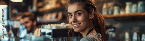 Smiling barista serving coffee in a cozy cafe ambiance. Free Download Smiling barista serving coffee in a cozy cafe ambiance. - GFXLoad