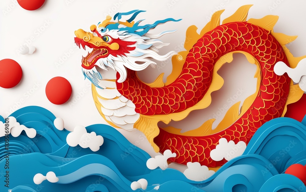 Intricate paper art depicting a dragon soaring above ocean waves with detailed scales and vibrant colors. Intricate paper art depicting a dragon soaring above ocean waves with detailed scales and vibrant colors.