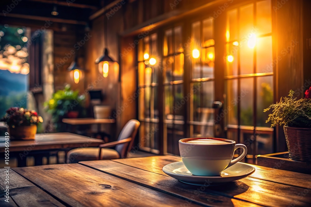 Cozy Cafe Night Photography with Coffee Cup on Wooden Table, Warm Sunlight, Cozy Atmosphere, Relaxing Ambiance, Perfect for Coffee Lovers, Rustic Decor, Peaceful Setting