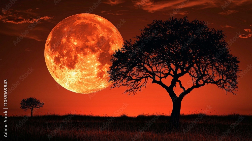 A full moon illuminates the night sky, silhouetting a solitary tree with intricate branches. A full moon illuminates the night sky, silhouetting a solitary tree with intricate branches.