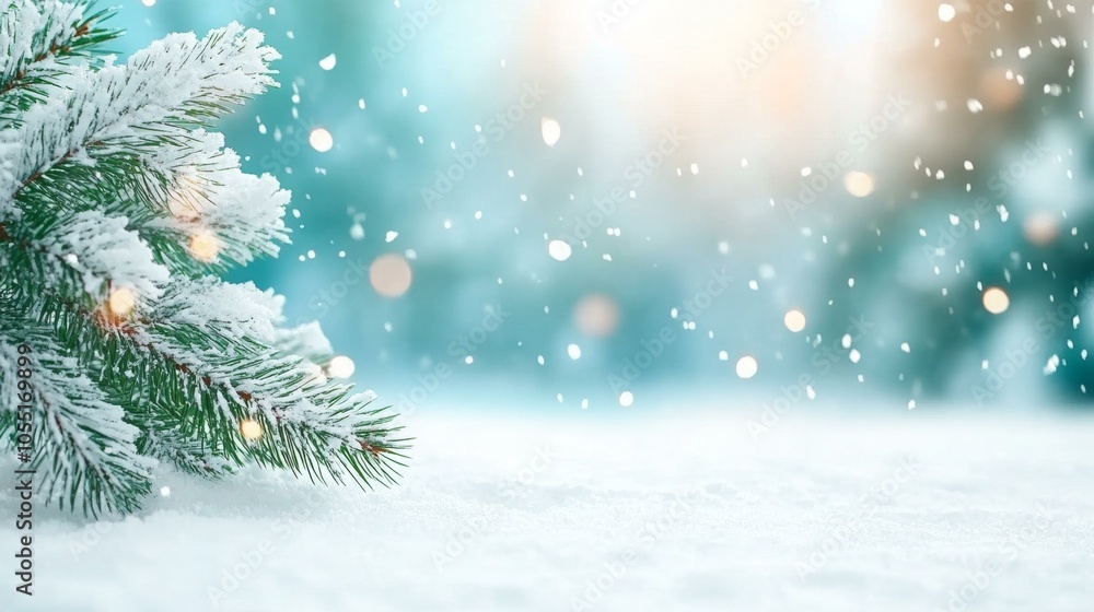 Snow-covered Christmas tree branch with a red bow against a blurred wintery background. Snow-covered Christmas tree branch with a red bow against a blurred wintery background.