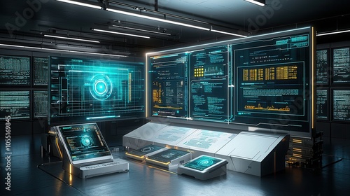 Futuristic control room with advanced technology and digital interfaces, ideal for sci-fi or tech-related projects.