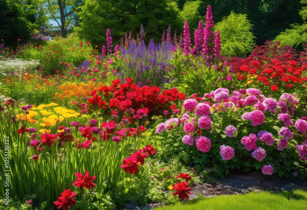 vibrant flower beds featuring diverse plantings colorful blooms lush foliage outdoor landscape, annuals, backyards, biodiversity, blooming, botanical, community vibrant flower beds featuring diverse plantings colorful blooms lush foliage outdoor landscape, annuals, backyards, biodiversity, blooming, botanical, community