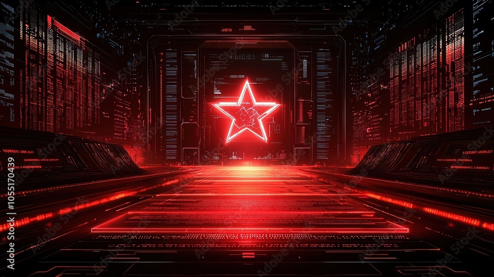 Naklejka premium Futuristic hallway with glowing red star symbol illuminated in a high-tech environment, perfect for science fiction themes.