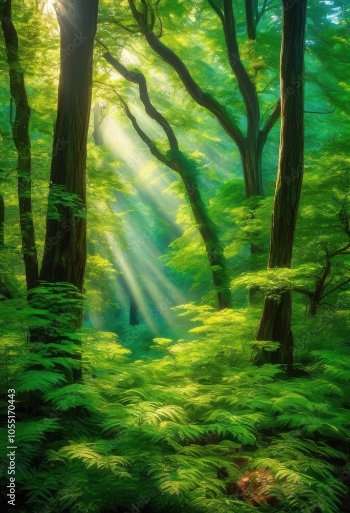 Obraz premium majestic forest canopy bathed warm sunlight vibrant green leaves soft light beams creating picturesque nature landscape, tree, outdoor, beauty, tranquility
