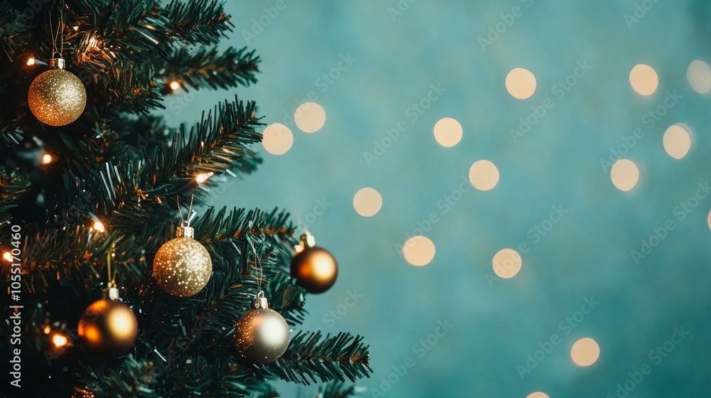 Fototapeta premium A beautifully decorated Christmas tree adorned with gold ornaments and twinkling lights.