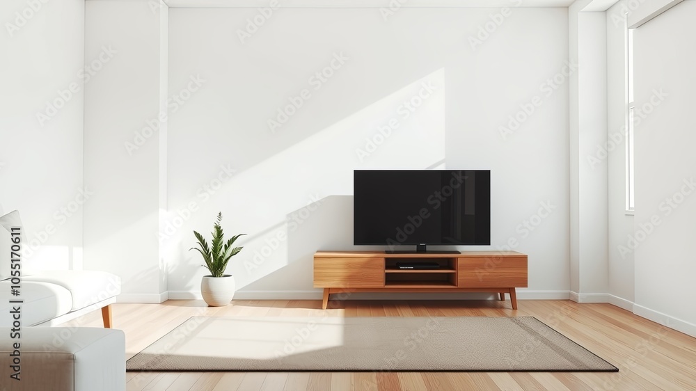 A Minimalist Living Room with a Flat Screen Television on a Wooden Entertainment Center, a Plush White Sofa, and a Green Plant in a Pot A Minimalist Living Room with a Flat Screen Television on a Wooden Entertainment Center, a Plush White Sofa, and a Green Plant in a Pot