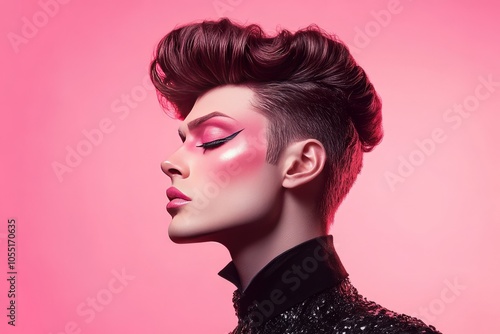 a androgynous male wearing female makeup with pink dominating the color and having a bouffant hairstyle , with elegant dress 