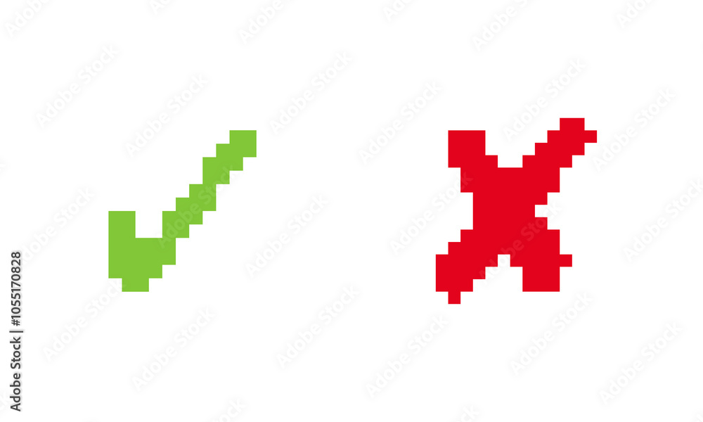 Approval and Rejection Symbol in UI Design. Pixel Art Green Check and Red Cross Icon. Correct and Wrong Indicators. Isolated Vector Illustration Approval and Rejection Symbol in UI Design. Pixel Art Green Check and Red Cross Icon. Correct and Wrong Indicators. Isolated Vector Illustration