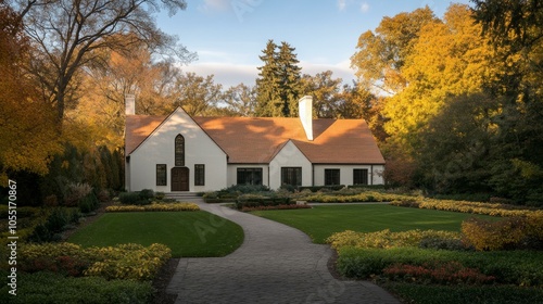 Charming suburban house with a red brick walkway and lush green lawn under a clear blue sky.