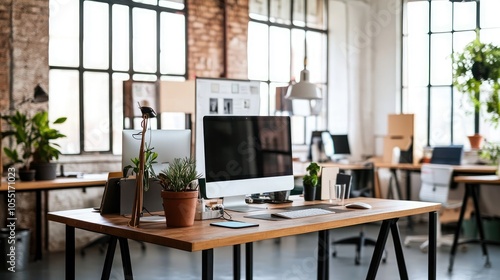Modern Workspace with Plants and Computer Setup