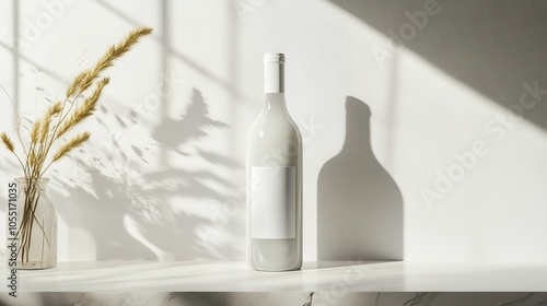 A white wine bottle rests on marble, highlighted by soft shadows and minimal decor