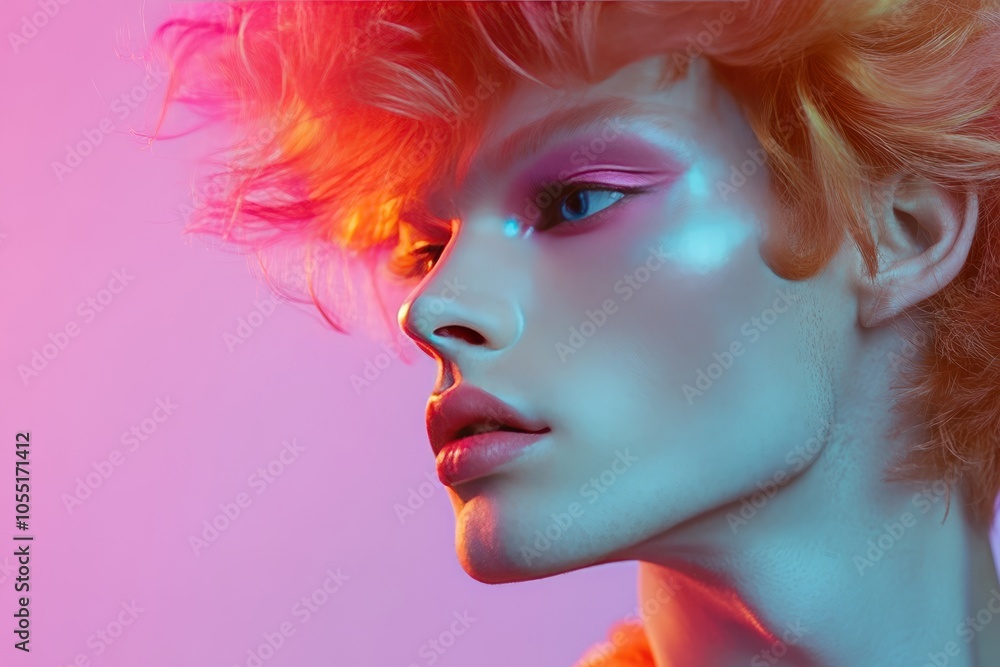 a androgynous male wearing female makeup with pink dominating the color and having a bouffant hairstyle , with elegant dress a androgynous male wearing female makeup with pink dominating the color and having a bouffant hairstyle , with elegant dress