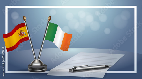 Spain and Ireland Small national flag on bokeh background, cooperative relationship