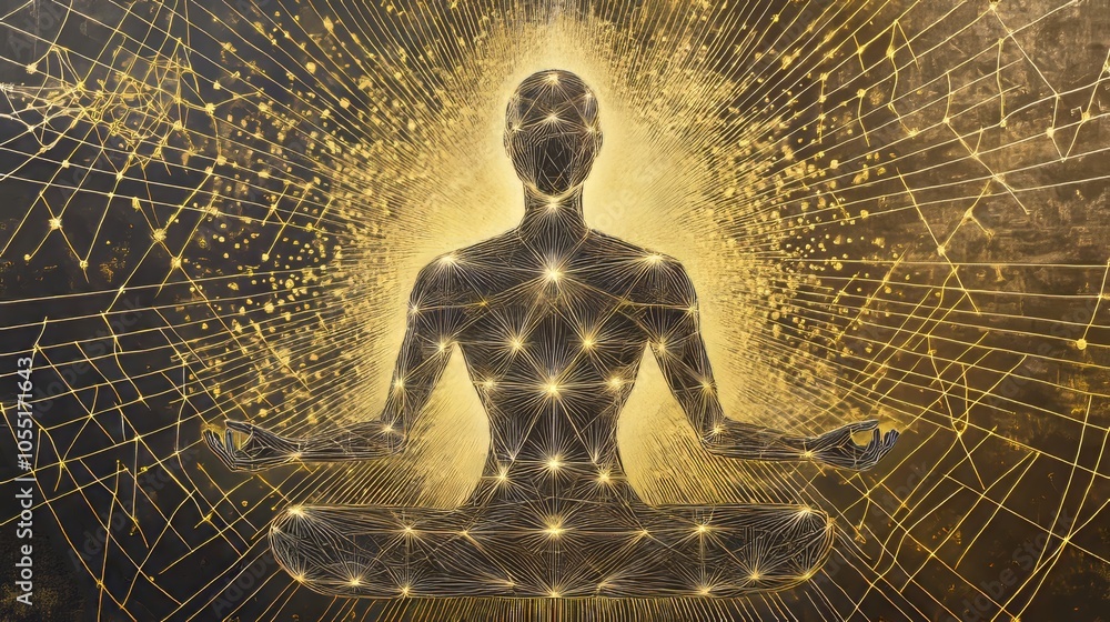 Gold lines and diamond-pyramid shapes form a human figure with sacred geometry. Gold lines and diamond-pyramid shapes form a human figure with sacred geometry.