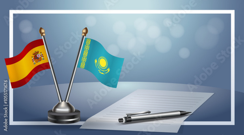 Spain and Kazakhstan Small national flag on bokeh background, cooperative relationship