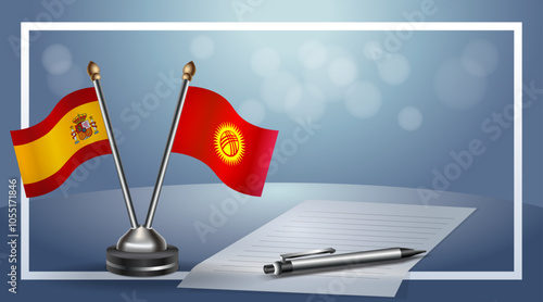 Spain and Kyrgyzstan Small national flag on bokeh background, cooperative relationship