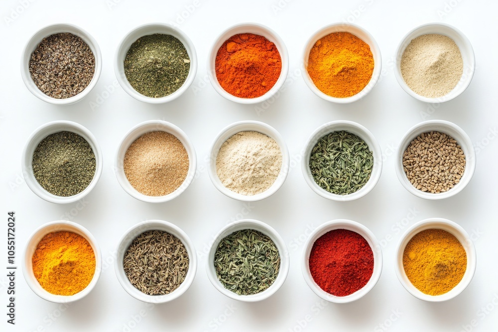 Assortment of Vibrant Spices Arranged on White Background Assortment of Vibrant Spices Arranged on White Background