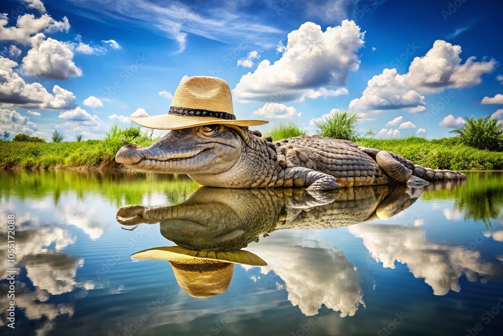 Fototapeta premium Crocodile lounging in a lake, sporting a hat. Quirky wildlife photography captures unique animal portraits, nature humor, and creative landscapes of fun-filled crocodile adventures.