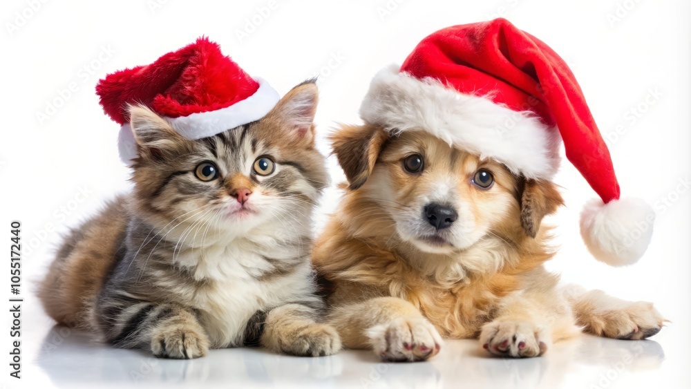 Cute puppy and kitten don festive Santa hats against a crisp white background, spreading holiday cheer and warmth. Perfect for brightening your seasonal celebrations! Cute puppy and kitten don festive Santa hats against a crisp white background, spreading holiday cheer and warmth. Perfect for brightening your seasonal celebrations!